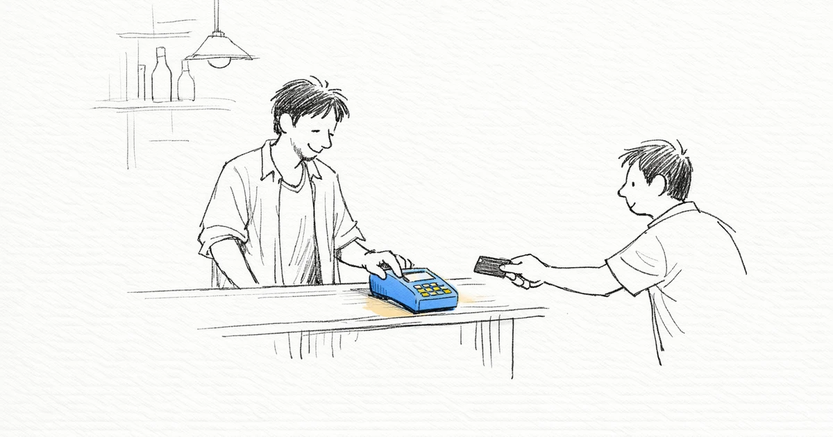Ilustração editorial de comerciante usando a maquininha Granito do Banco Inter.