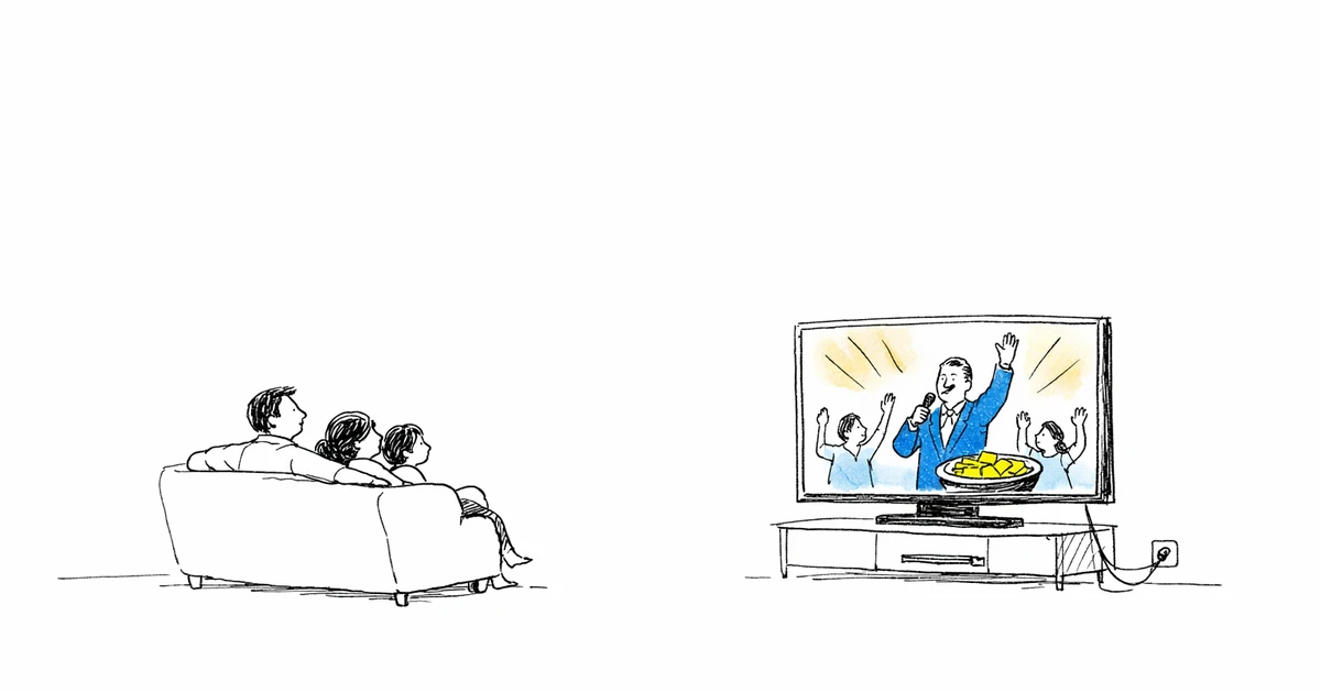 Ilustração editorial de família assistindo aos canais da Nossa TV em casa.