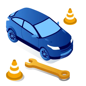 carro azul com cones e chave de roda