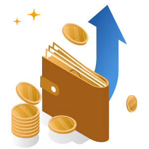 carteira dourada com seta positiva azul