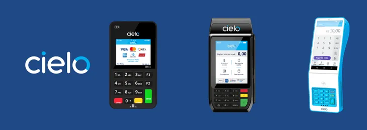 Imagens das maquininhas Cielo Zip, Flash e Lio. Logomarca da Cielo no fundo azul