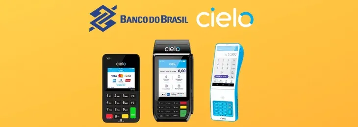 maquininhas da Cielo e Banco do Brasil em fundo amarelo
