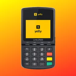 Maquininha Yelly MPOS LINK/2500 em fundo laranja e amarelo