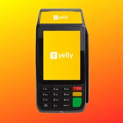 Maquininha Yelly POS S920 em fundo laranja e amarelo